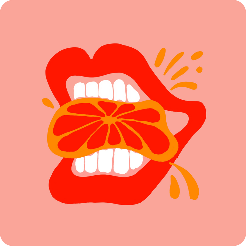 Illustration of a mouth with a grapefruit on a pink background