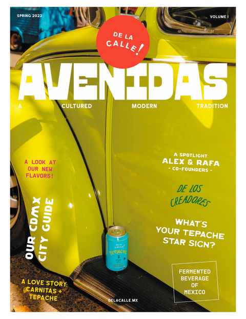 Magazine cover titled 'Avenidas' with a yellow car and blue can on a black background