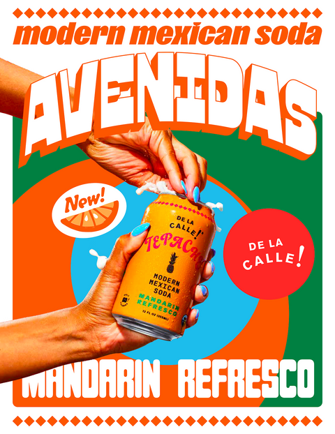 Promotional graphic for 'Avenedas Mandarin Refresco' with a hand holding a can against a colorful background.