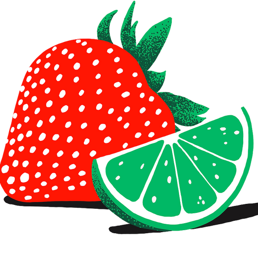 Illustration of a strawberry and a lime slice on a white background