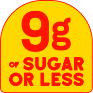 Yellow label with red text indicating '9g of sugar or less' 