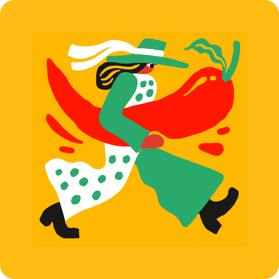 Colorful illustration of a person holding a red pepper on a yellow background