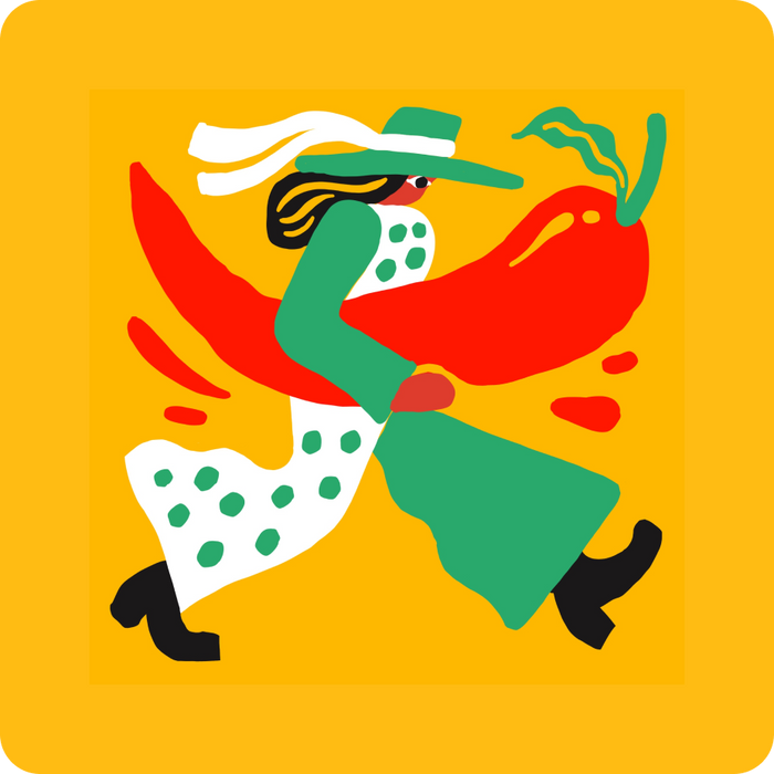 Colorful illustration of a person holding a red pepper on a yellow background