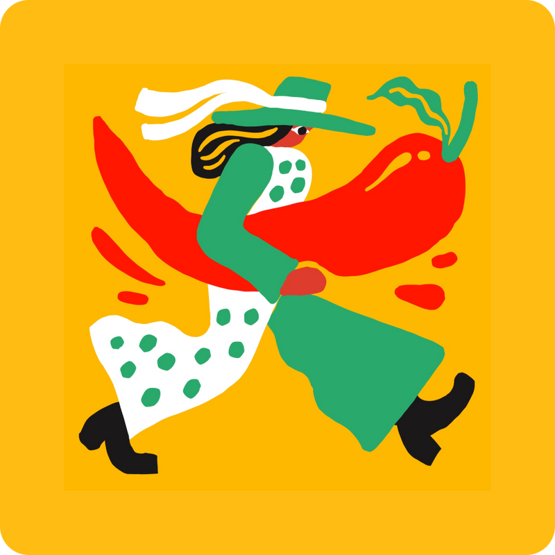 Colorful illustration of a person holding a red pepper on a yellow background