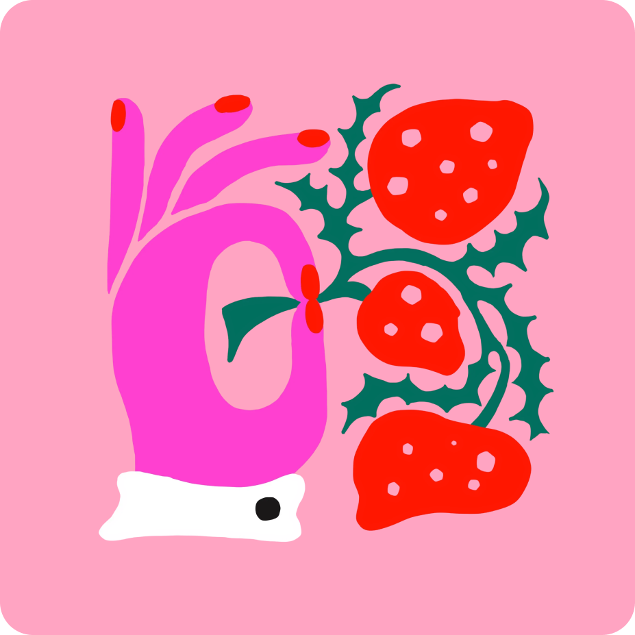 Illustration of a pink creature with red strawberries on a pink background