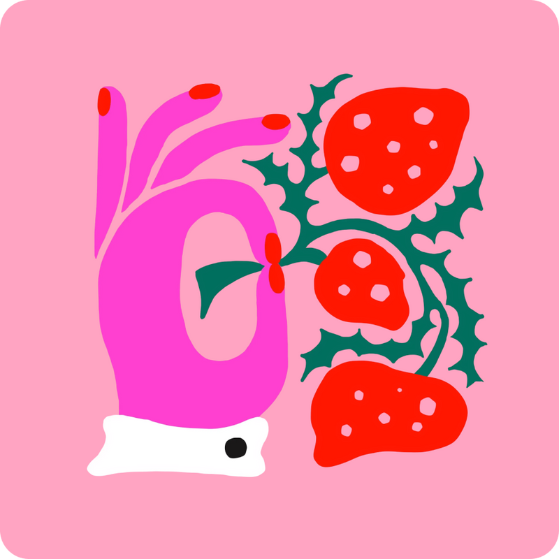 Illustration of a pink creature with red strawberries on a pink background