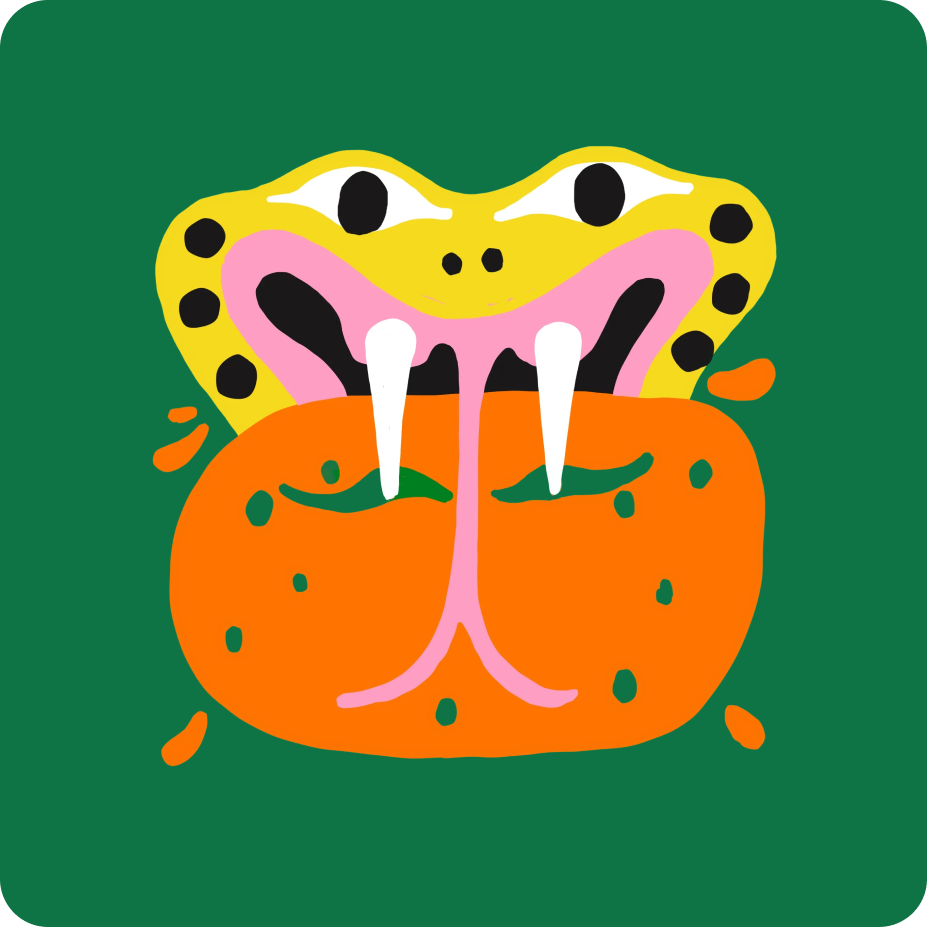 Cartoon snake with an open mouth on a green background