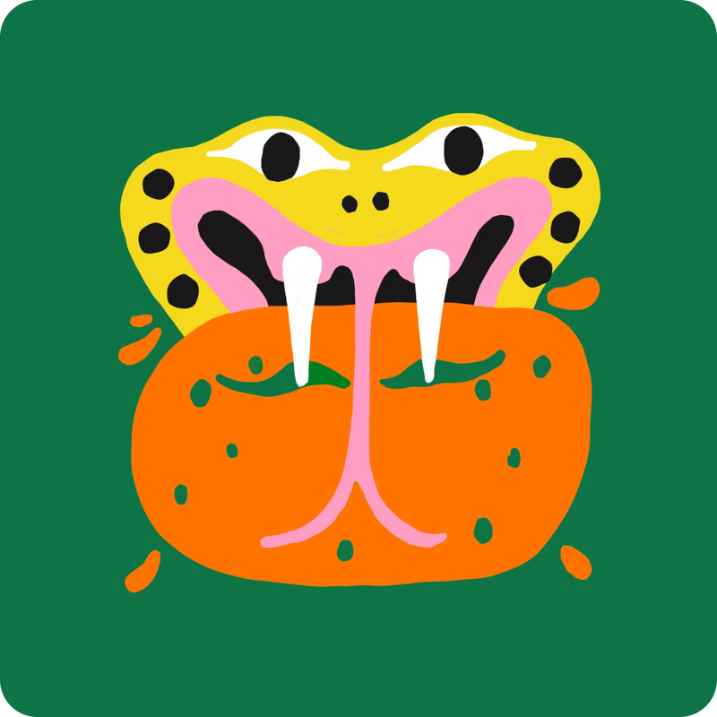 Cartoon snake with an open mouth on a green background