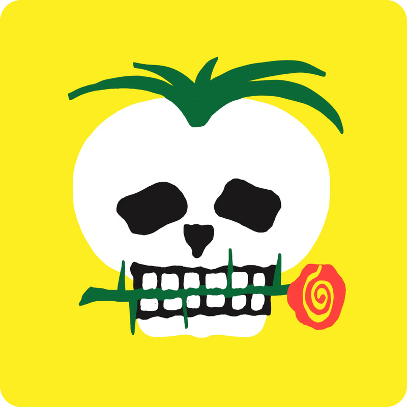 Skull with green hair, white face, black eyes and mouth on a yellow background