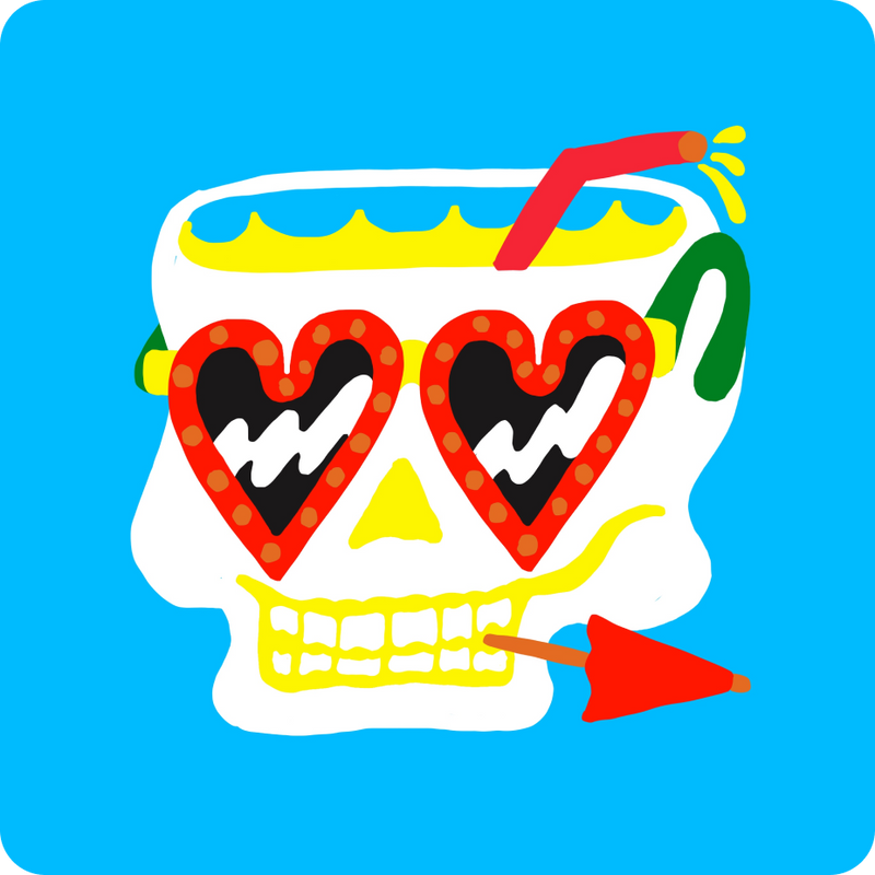 Colorful skull design with sunglasses and a straw on a blue background