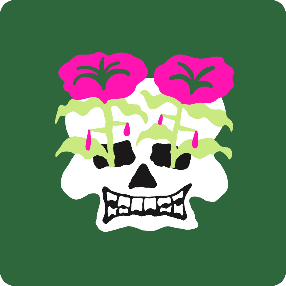 Skull with pink flowers and green leaves on a green background
