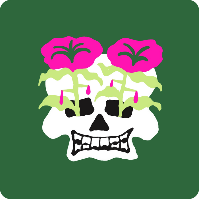 Skull with pink flowers and green leaves on a green background