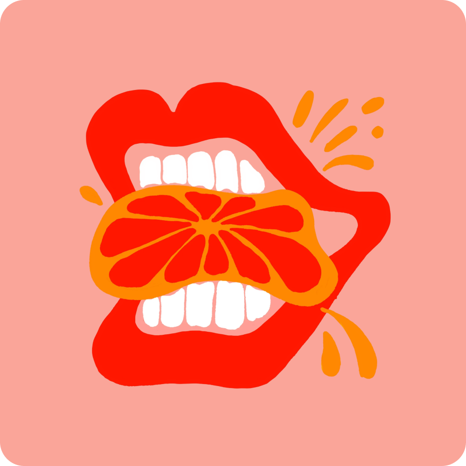 Illustration of a mouth with a grapefruit on a pink background
